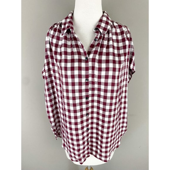 Madewell Central Shirt Gingham Check Red White Short Sleeve Hi Lo Hem Medium - Picture 2 of 5